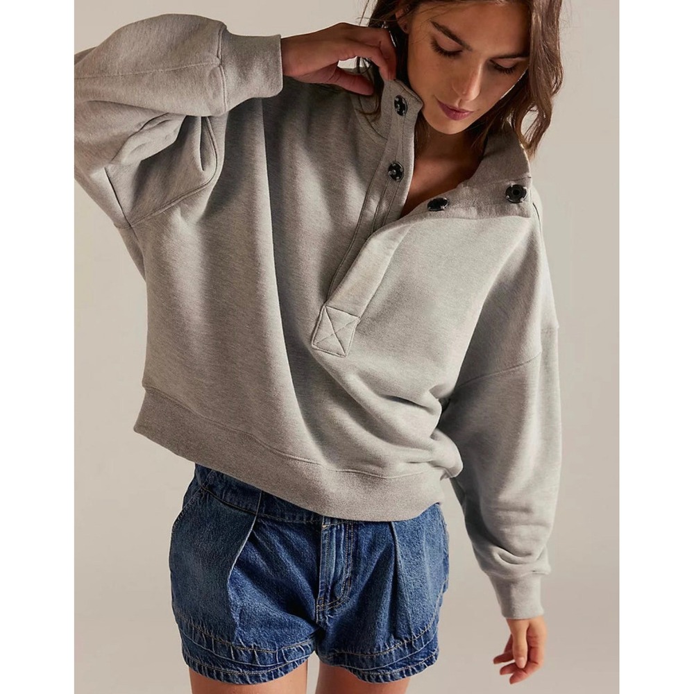 Free People We The Free Timeless Pullover S Gray Boxy Cropped Sweatshirt Boho